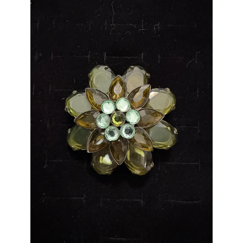 Large Statement Flower Brooch Green Faceted Stones Vintage Style Floral Pin